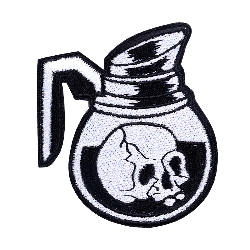 Skull coffee pot patch in gothic style, unisex rock embroidery for stylish clothing accessories.
