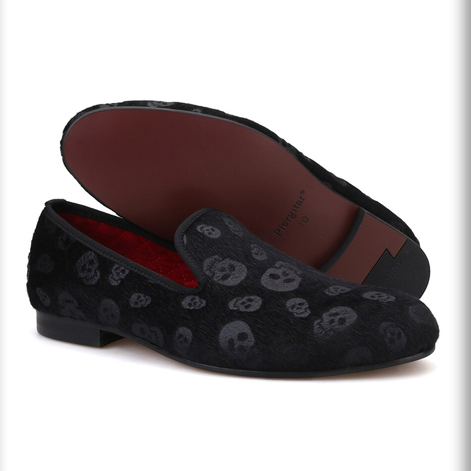Skull Design Cool Rock Style Loafers / Stylish Black Velvet Men Shoes - HARD'N'HEAVY