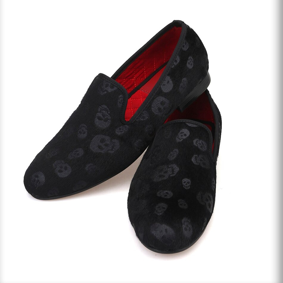 Skull Design Cool Rock Style Loafers / Stylish Black Velvet Men Shoes - HARD'N'HEAVY