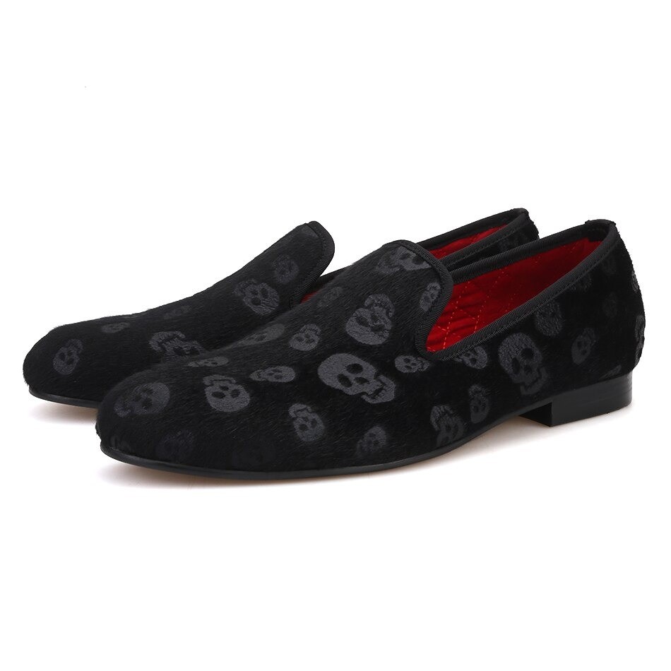 Skull Design Cool Rock Style Loafers / Stylish Black Velvet Men Shoes - HARD'N'HEAVY