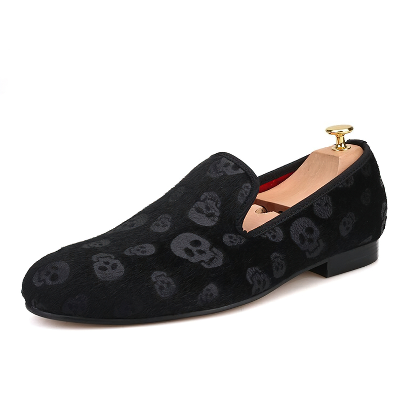 Skull Design Cool Rock Style Loafers / Stylish Black Velvet Men Shoes - HARD'N'HEAVY