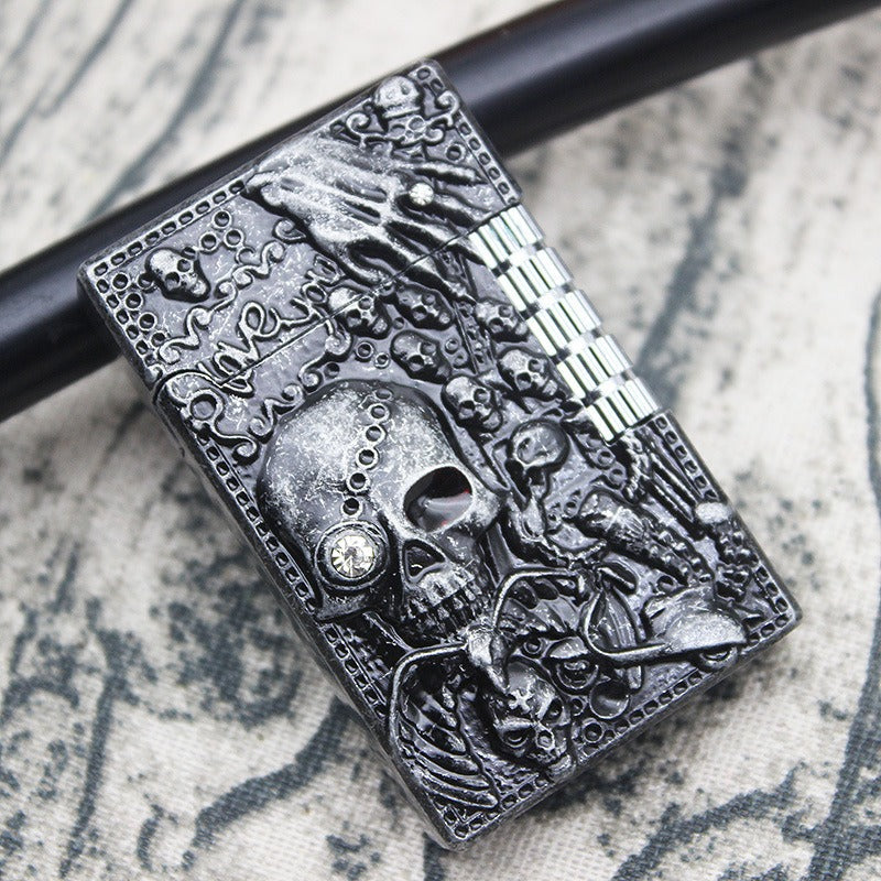 Rock-style skull gas lighter with embossed details, perfect for heavy metal fashion enthusiasts.