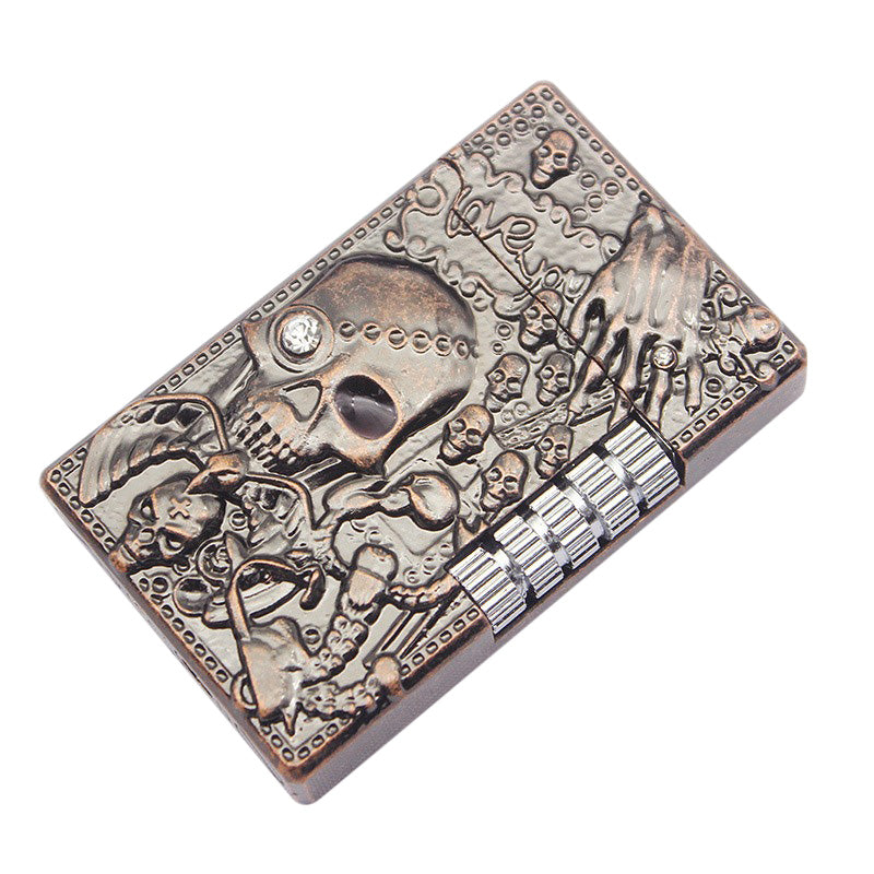 Skull gas lighter featuring intricate rocker design with embossed details, perfect for heavy metal fashion enthusiasts.