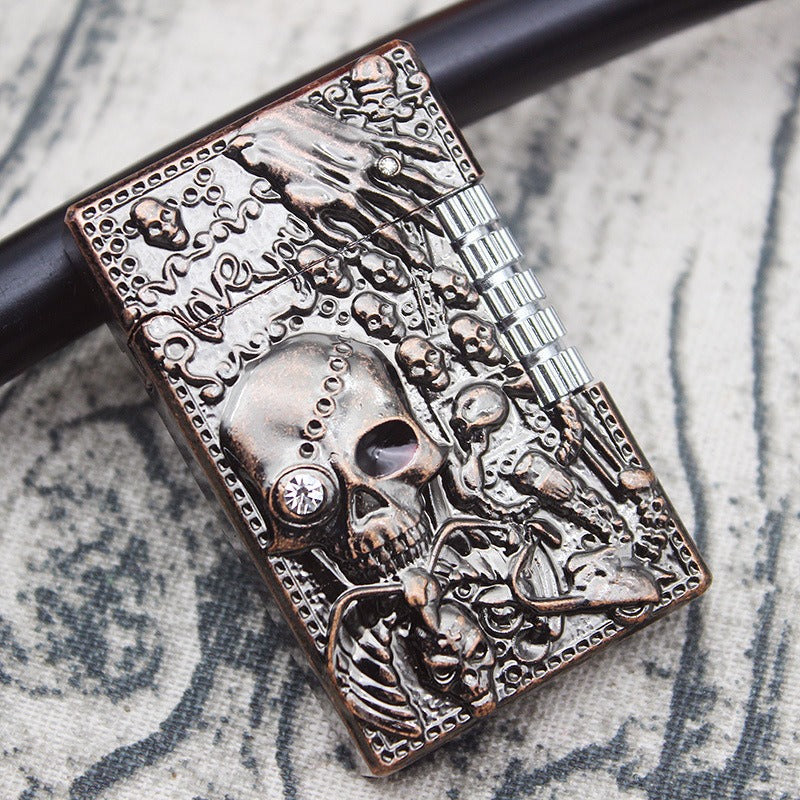 Skull gas lighter with intricate embossed design, perfect accessory for heavy metal fashion enthusiasts.