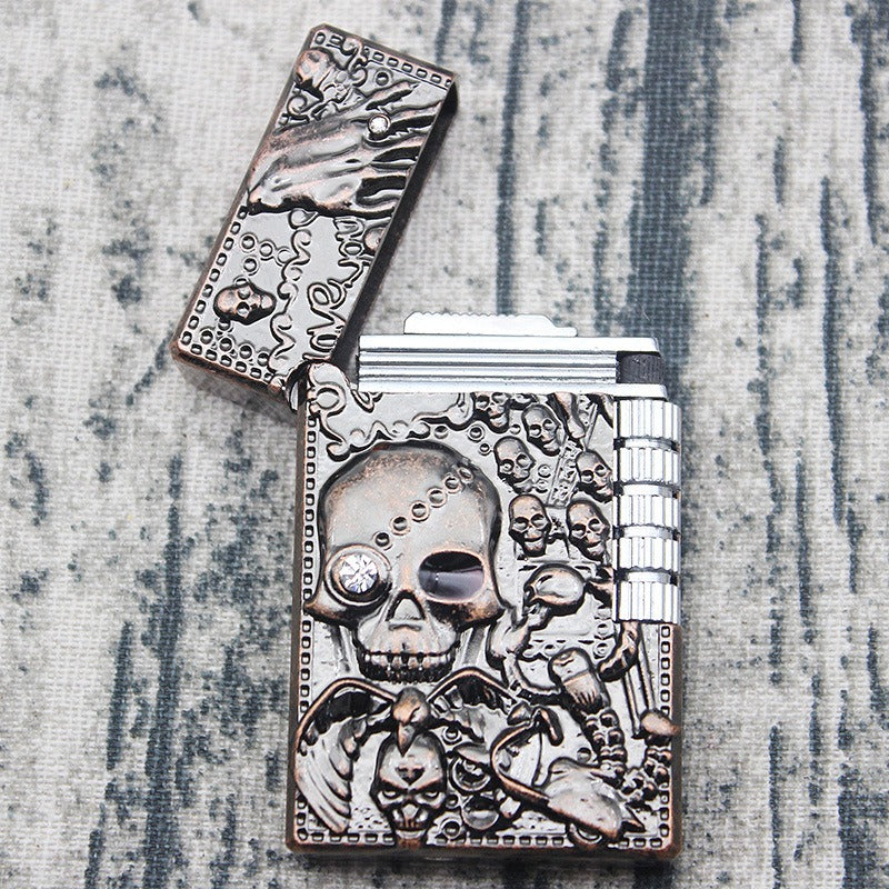 Skull gas lighter with intricate designs, perfect for rocker fashion and unique style.