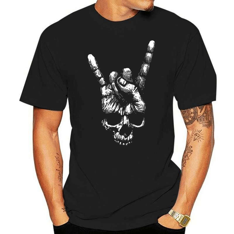 Rock style black cotton t-shirt featuring a skull hand sign print, perfect for music lovers and fashion enthusiasts.