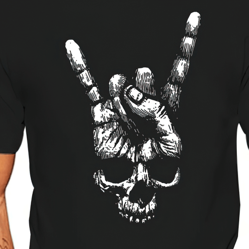 Skull Hand Sign Of The Horns T-Shirt / Rock Style Black Cotton T-shirt