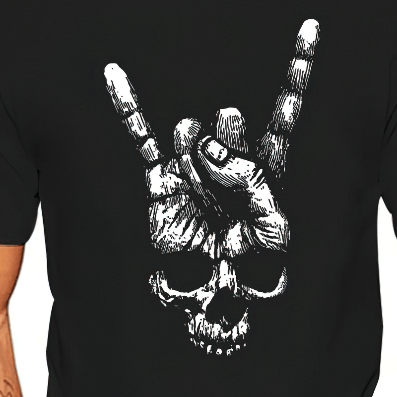Black cotton t-shirt featuring a skull hand sign of the horns graphic, perfect for rock style fashion.