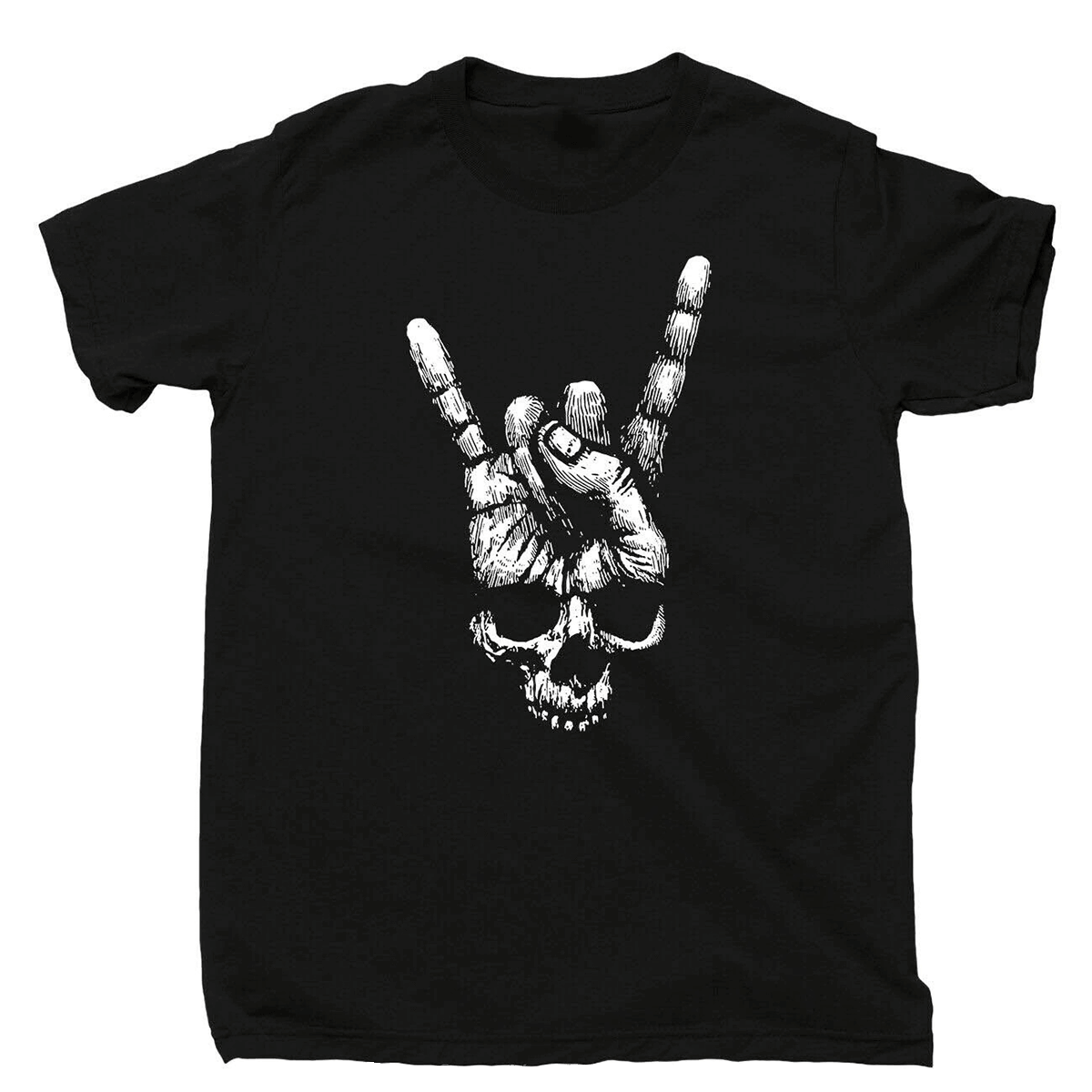 Black cotton t-shirt featuring a skull hand sign of the horns print, perfect for rock style lovers.