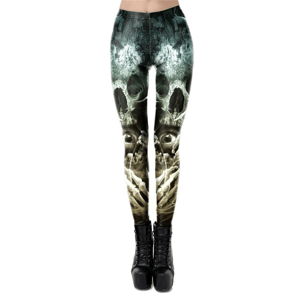 Gothic skull head print leggings for women, perfect for Halloween or carnival, stylish and comfortable with an edgy design.
