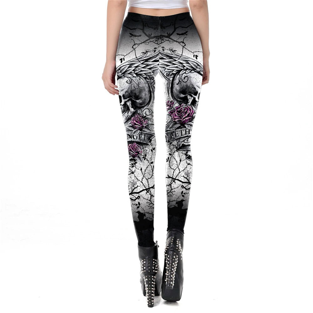 Gothic skull head print leggings for women featuring floral designs, perfect for Halloween or carnival festivities.