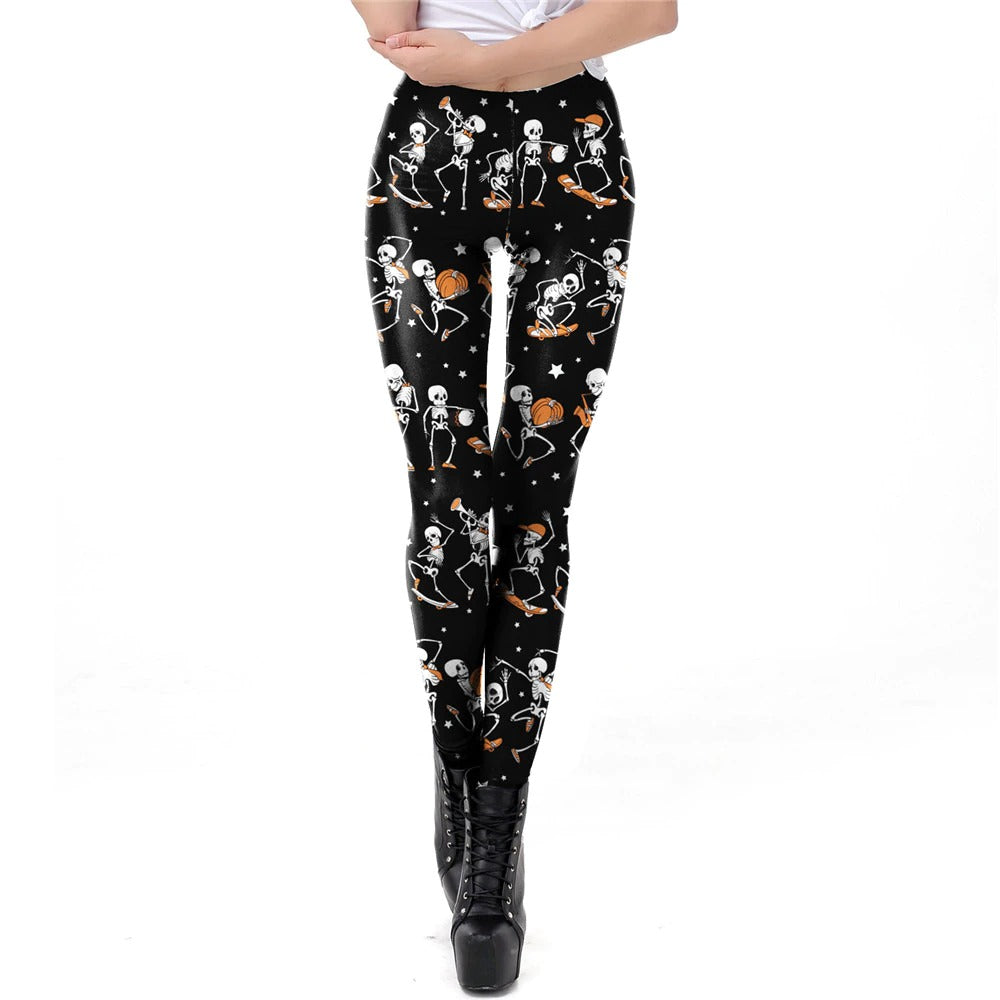 Skull head print leggings for women, gothic style with skeleton pattern, perfect for Halloween and carnival celebrations.