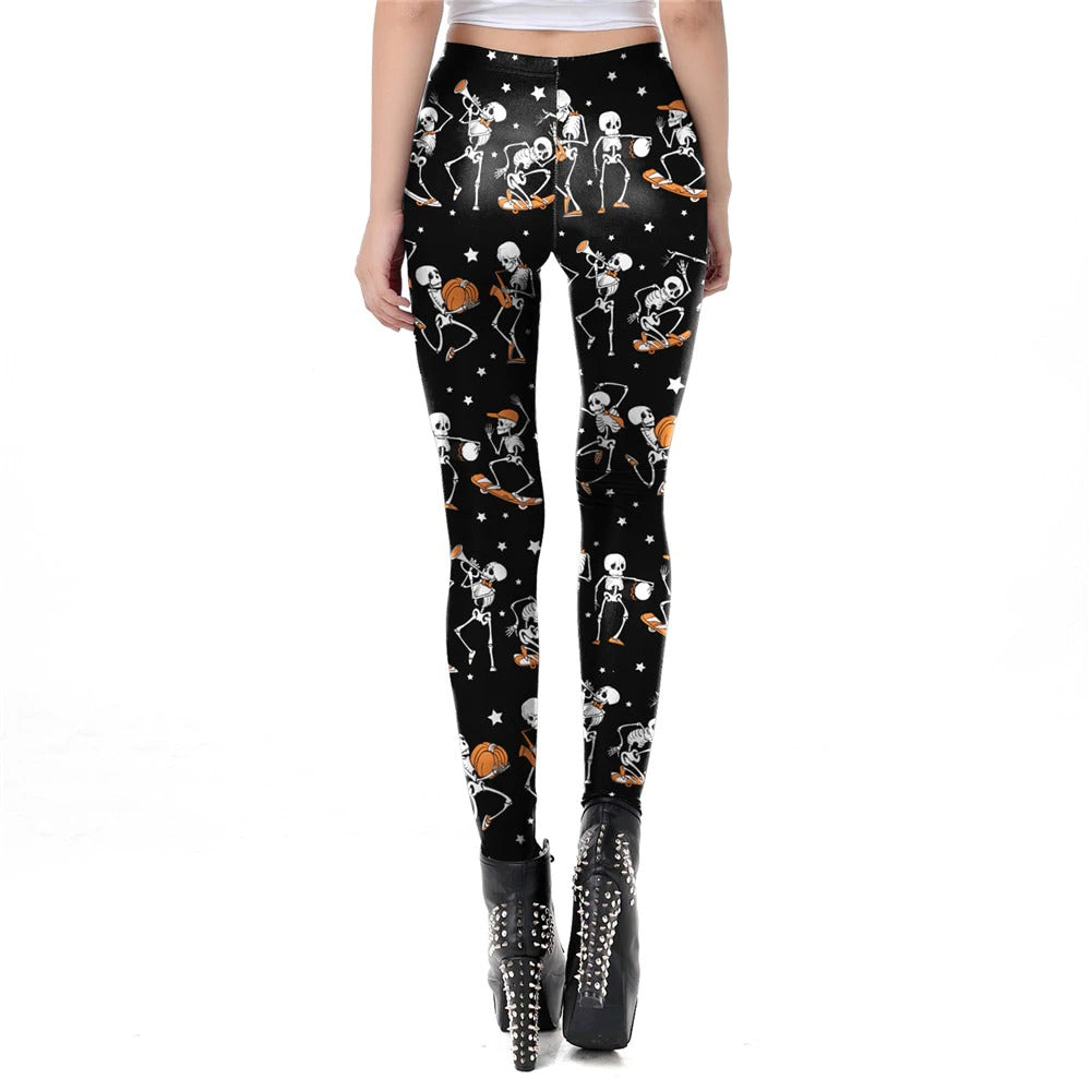 Women wearing skull head print leggings with ghost patterns for Halloween carnival in gothic style.