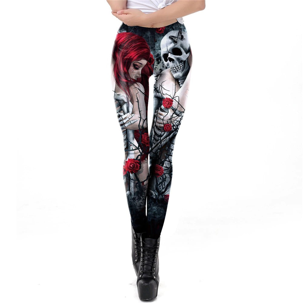 Skull head print leggings for women featuring gothic design with red-haired woman and roses, perfect for Halloween or carnival.