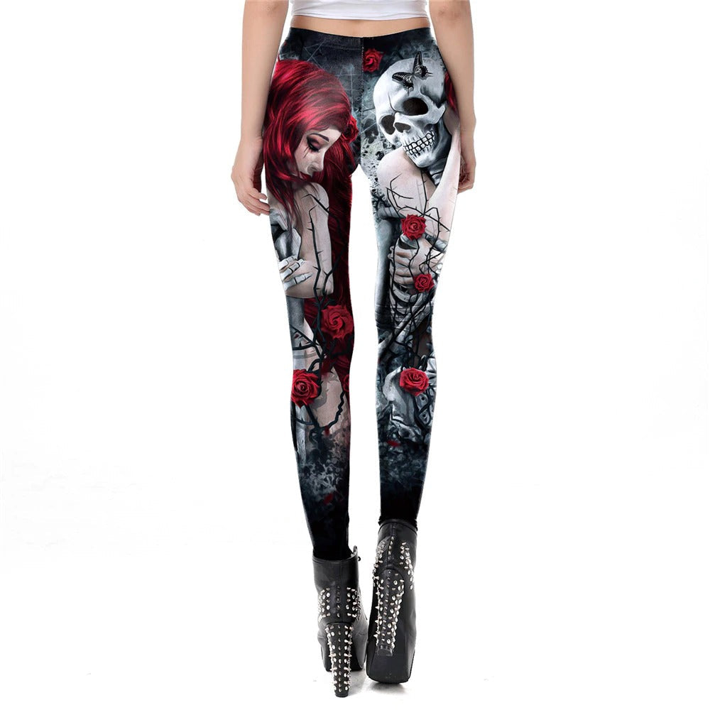 Skull Head Print Leggings for Halloween / Women Carnival Ghost Pattern Leggins in Gothic Style #6 - HARD'N'HEAVY
