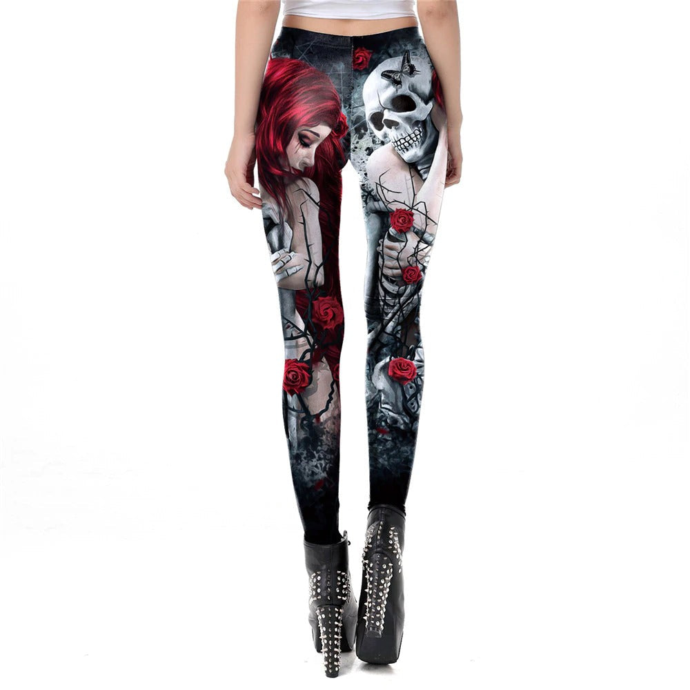 Gothic skull head print leggings with red roses, perfect for Halloween and carnival fashion, featuring a unique design.