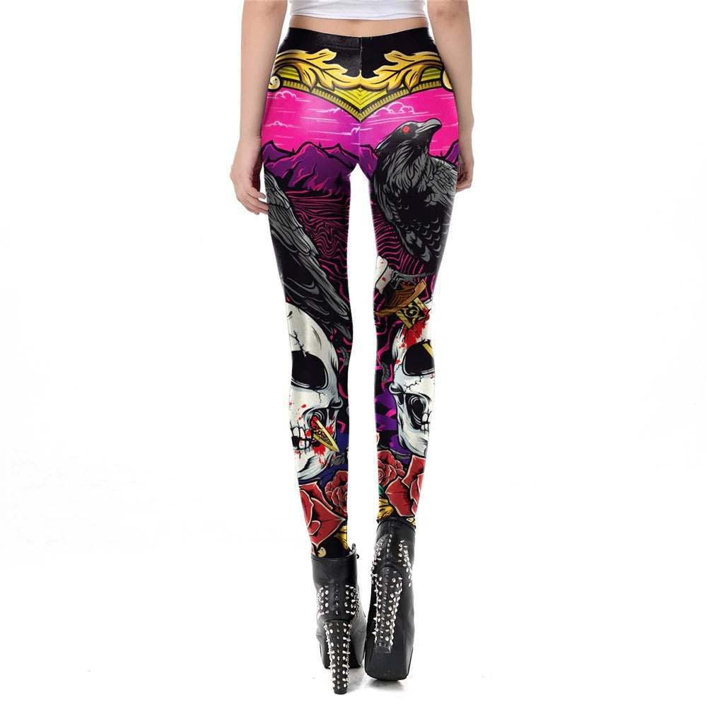 Skull head print leggings for women in gothic style, featuring vibrant colors and intricate designs.