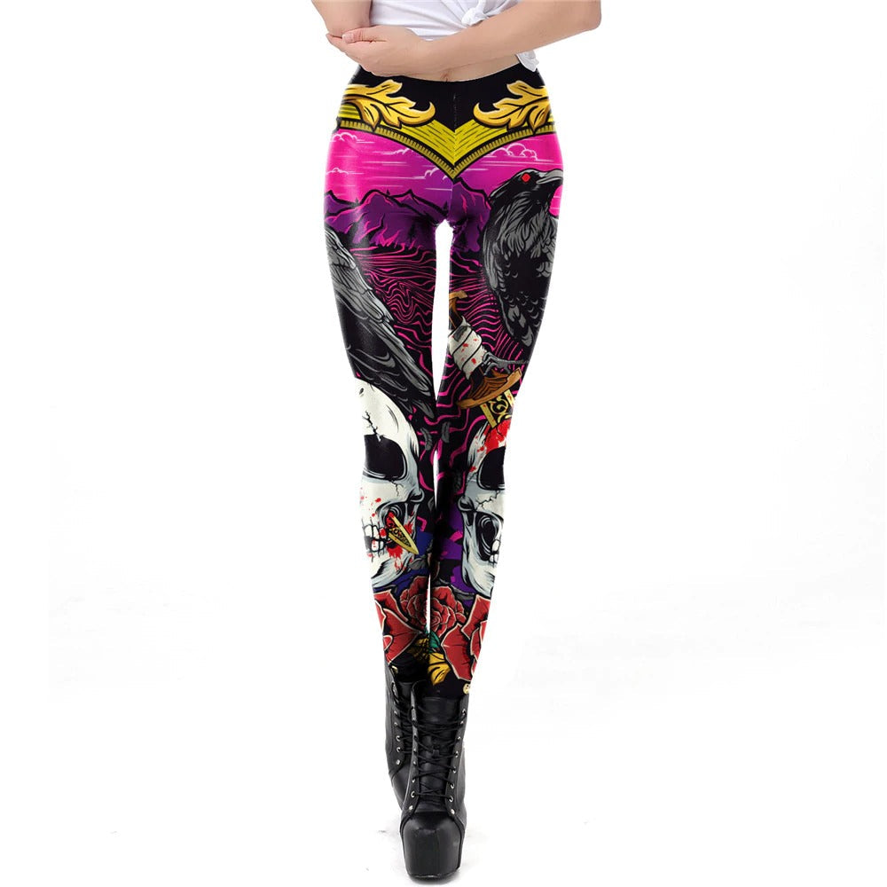 Bold skull head print leggings in gothic style with vibrant colors, perfect for Halloween or carnival fashion.