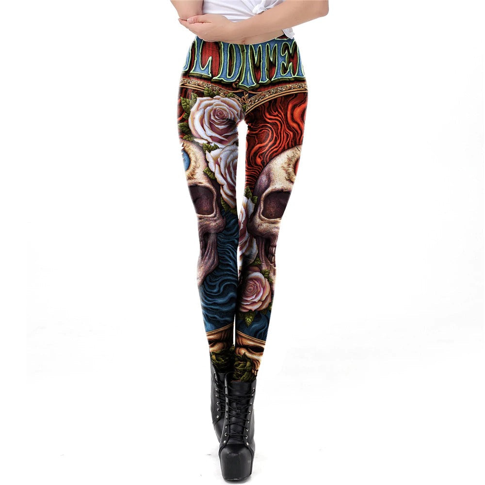 Skull head print leggings with roses for women, perfect for Halloween or carnival in gothic style.
