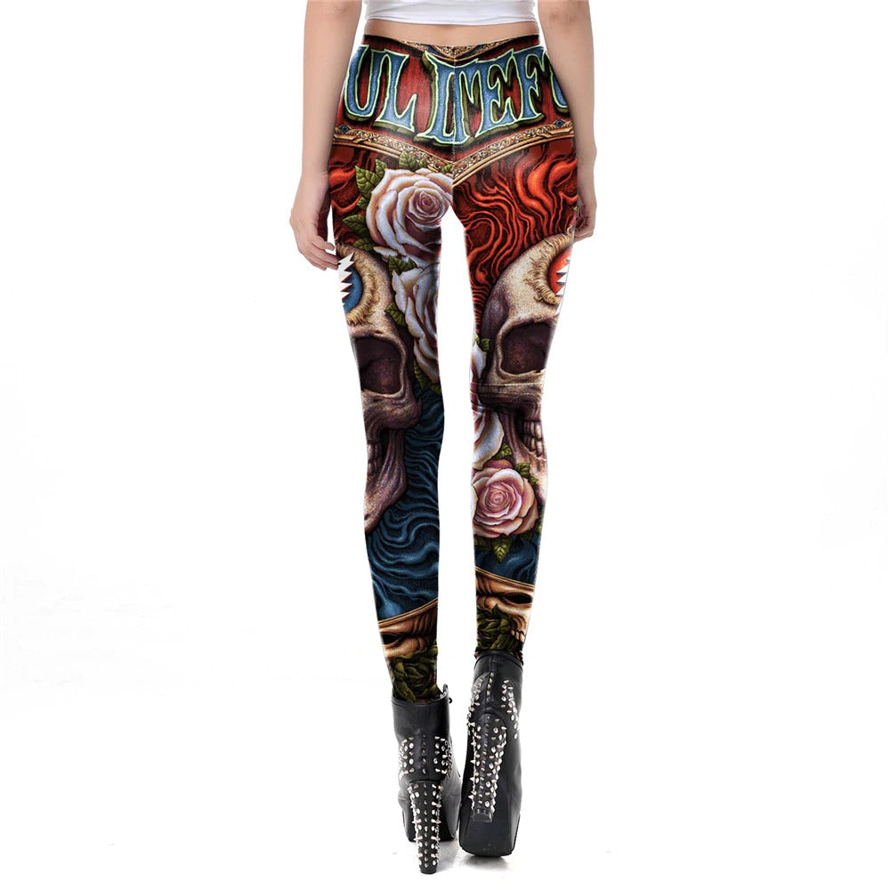 Skull head print leggings with vibrant colors and floral patterns, perfect for Halloween and carnival style.
