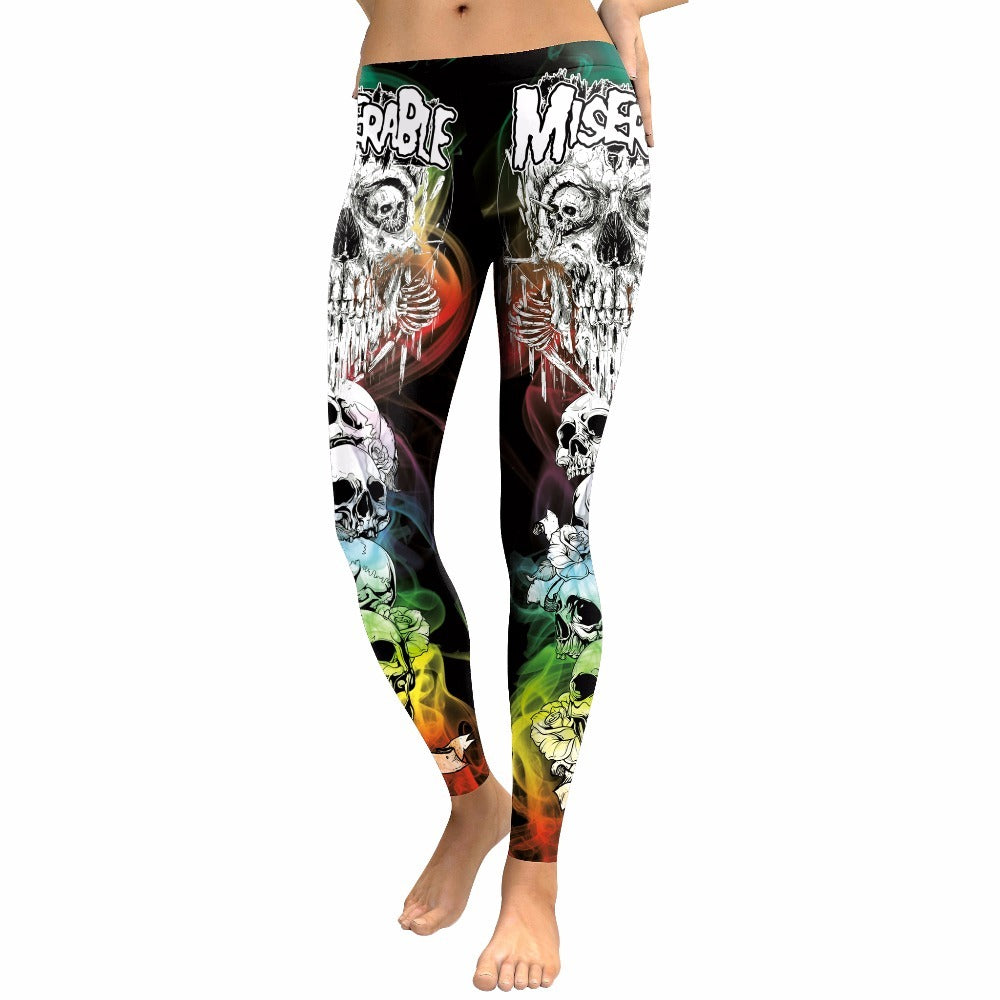 Skull head women's leggings featuring colorful skeleton print, perfect for fitness and punk alternative style.