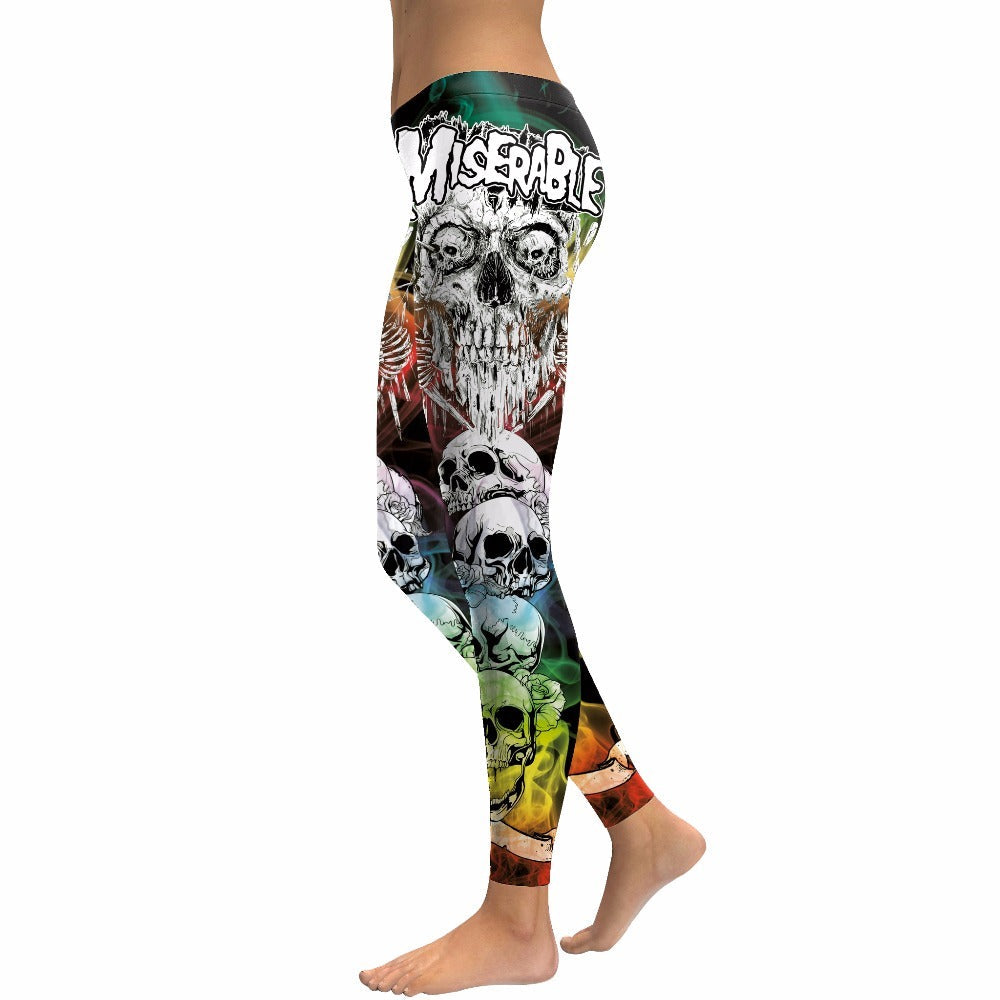 Skull head leggings for women with vibrant skeleton print, perfect for fitness or casual wear, offering a punk alternative style.