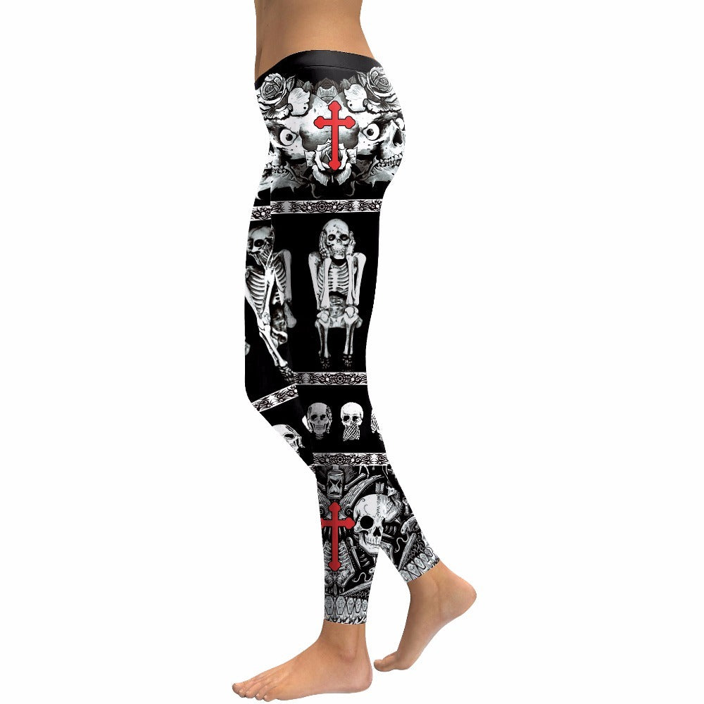 Stylish Skull Head Leggings for Women with Skeleton and Cross Print, Perfect for Punk Alternative Fashion