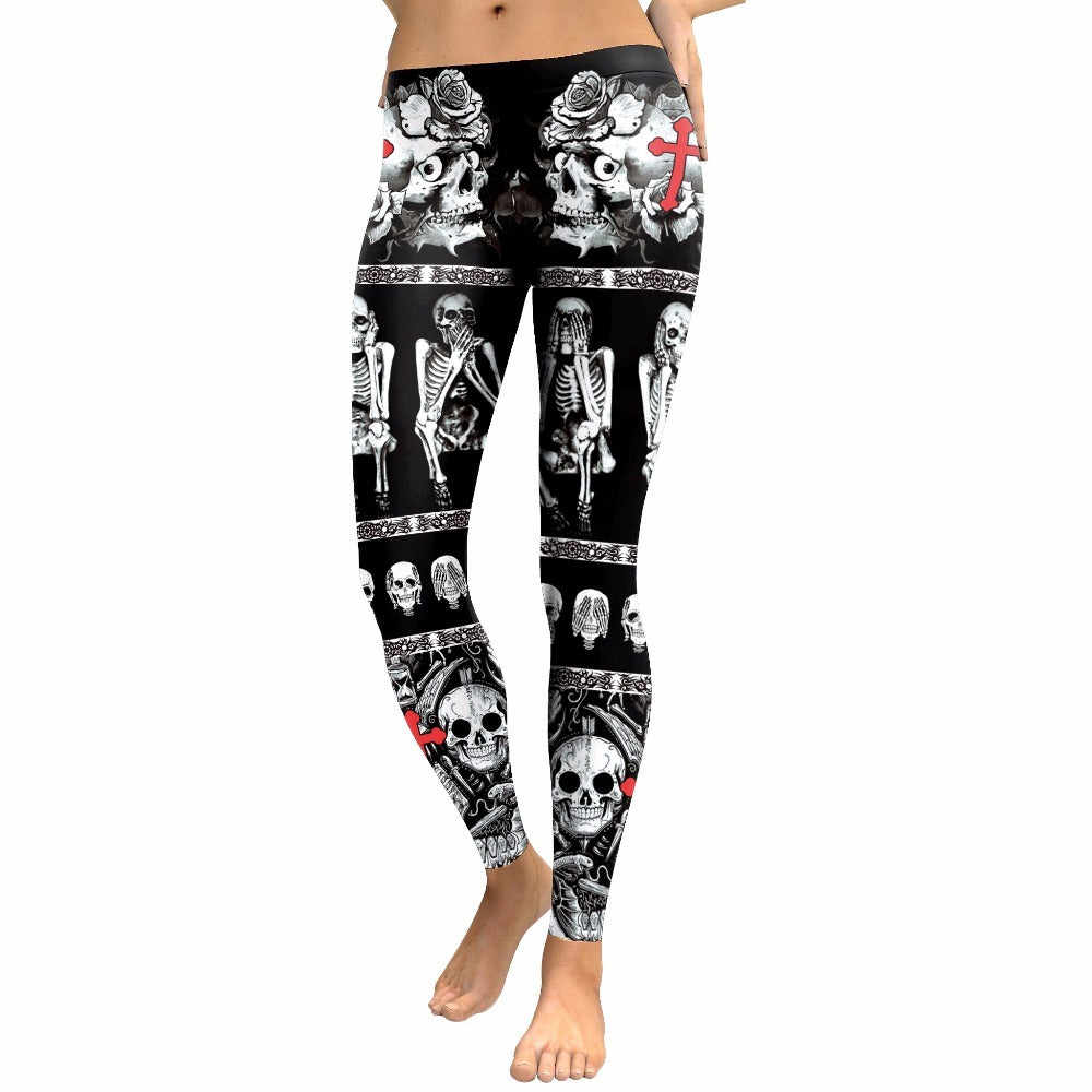 Stylish skull and skeleton print leggings for women featuring punk and alternative style, perfect for fitness and casual wear.