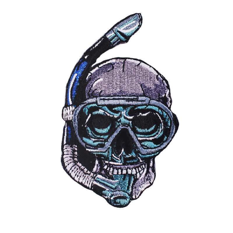 Gothic skull patch with underwater mask and snorkel, perfect for alternative fashion and trendy clothing accessories.