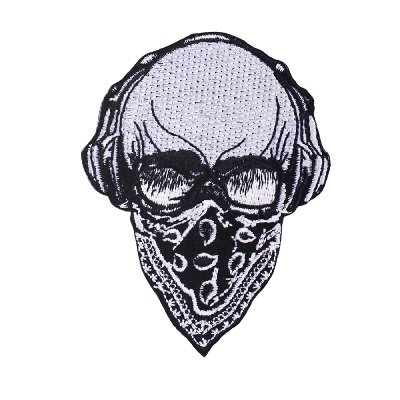Unisex skull patch wearing headphones and a bandana, perfect for jackets and bags in rock style.