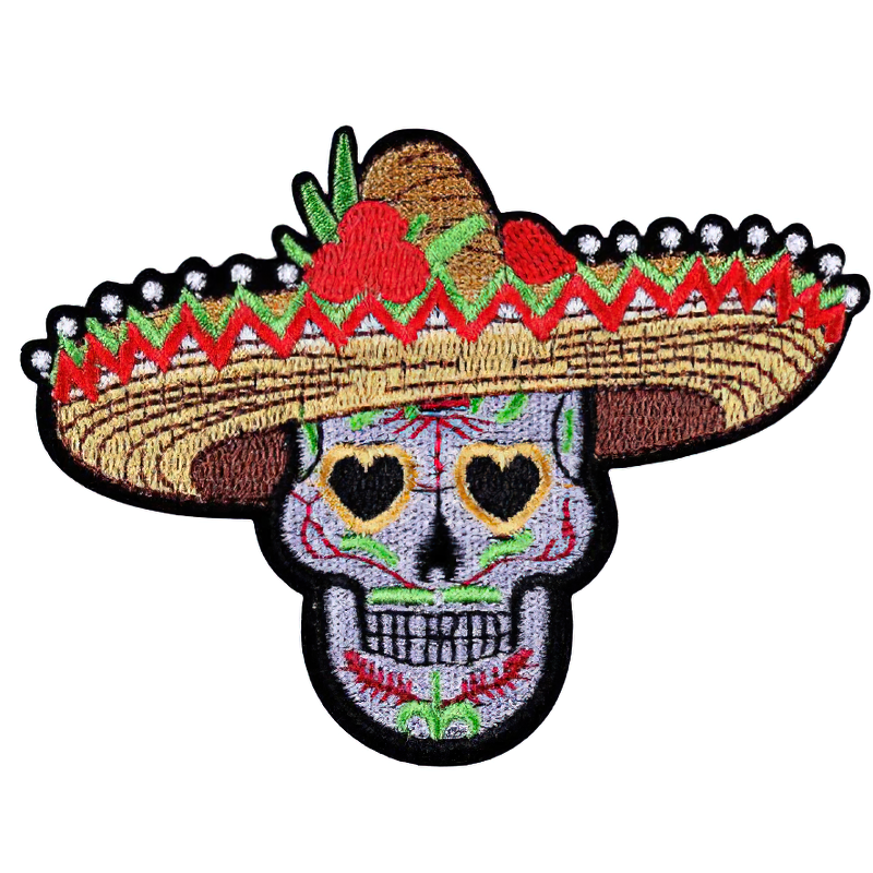 Skull patch with Mexican hat, goth embroidered accessory for stylish clothing.