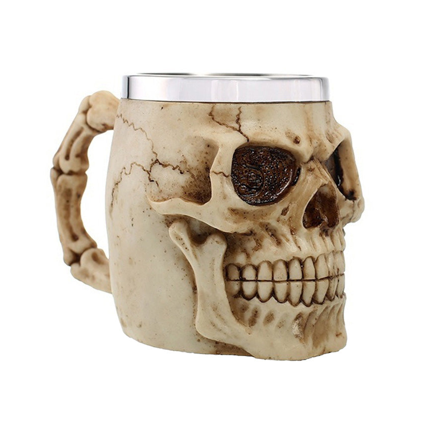 Vintage skull design beer mug with stainless steel top and creepy 3D skull handle, perfect for Viking pub decor.