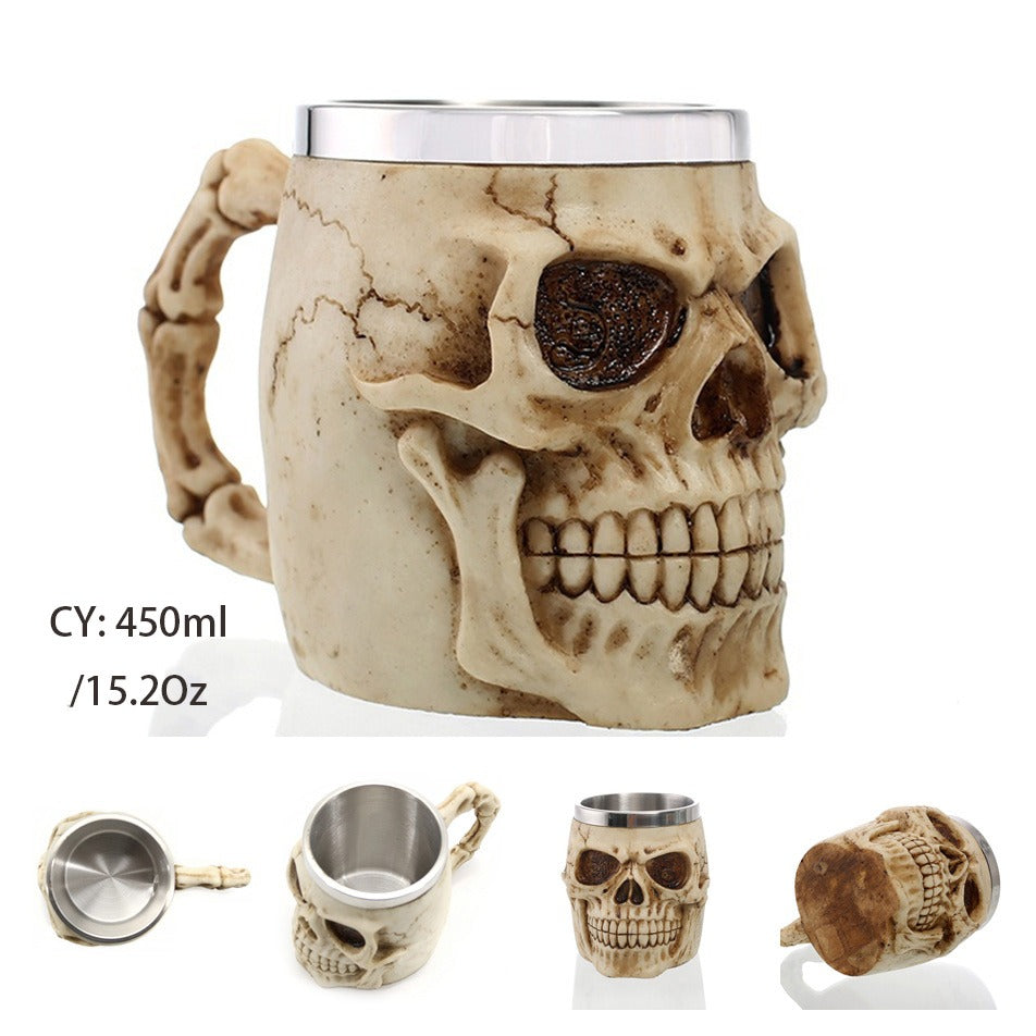 Skull King Resin and Stainless Steel Beer 450ml Mug / Retro Viking Pub Bar Mug with Scary Skull - HARD'N'HEAVY