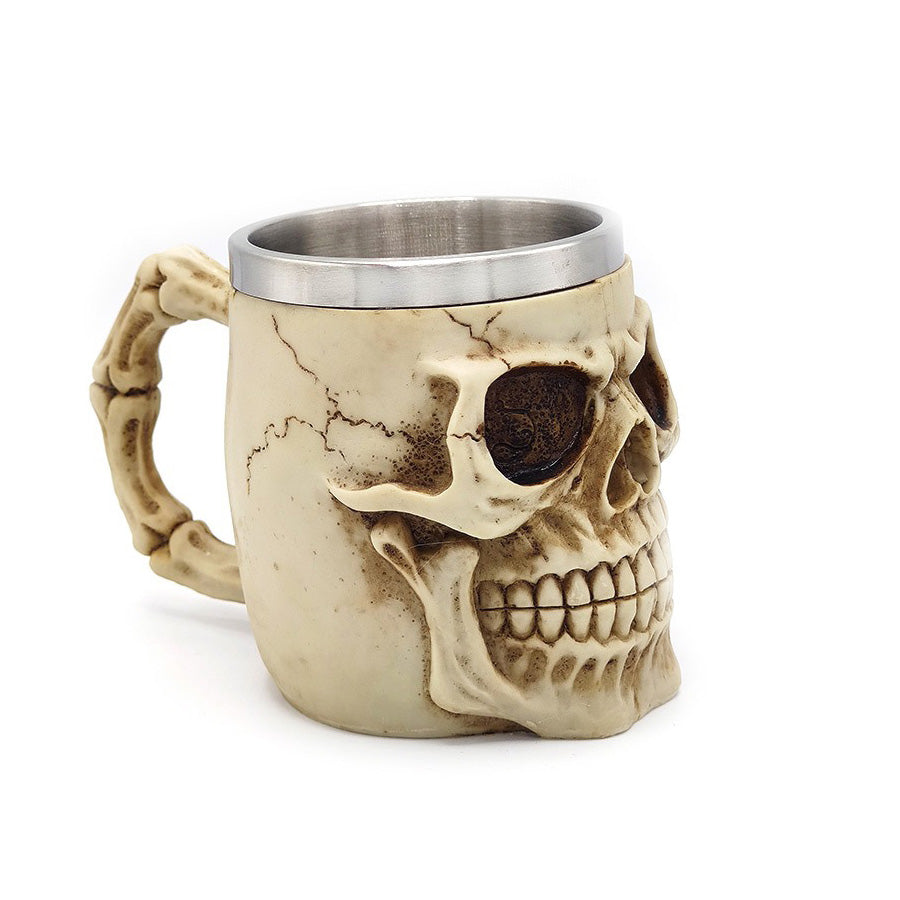 Skull King 450ml beer mug with detailed 3D skull design and stainless steel interior, perfect for vintage decor.