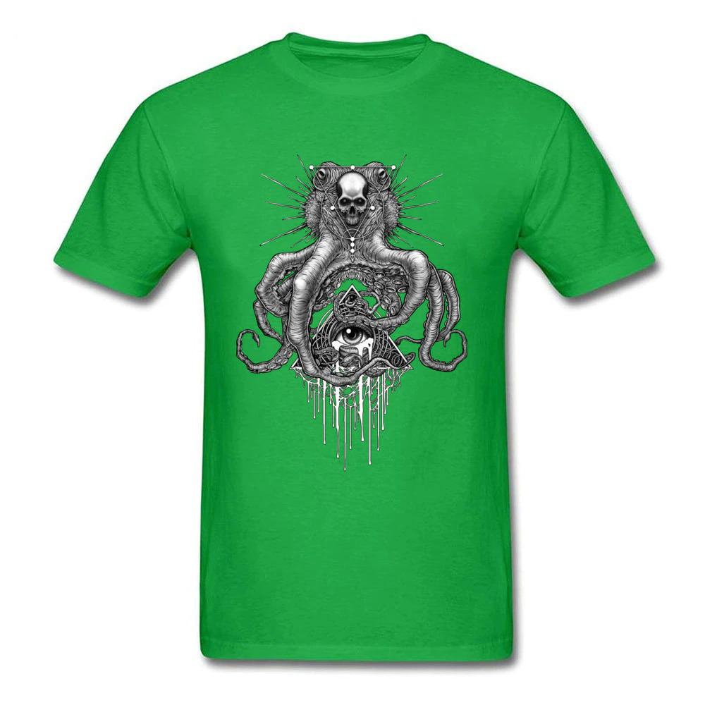 Green Skull Octopus of Cthulhu Print T-Shirt for casual summer style, unisex, made of cotton and polyester.