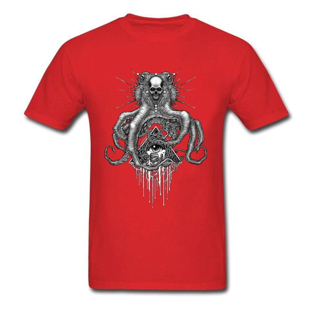 Red unisex T-shirt featuring a skull octopus print, trendy casual style for summer fashion.