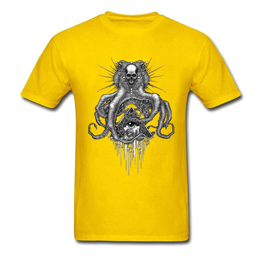 Skull octopus print on a vibrant yellow unisex T-shirt, perfect for summer style and casual wear.
