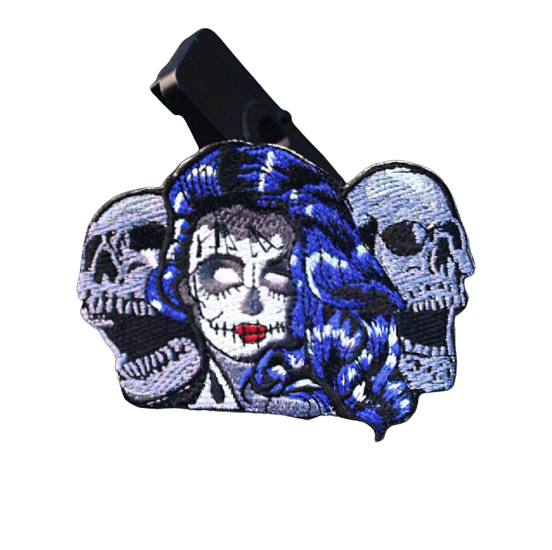 Colorful skull patch featuring a stylish skull design and blue-haired woman, perfect for jackets and bags.