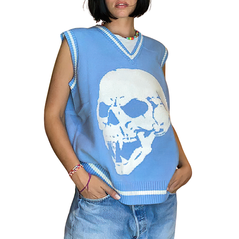 Stylish blue skull print sleeveless pullover top for women with V-neck collar, perfect for summer fashion.