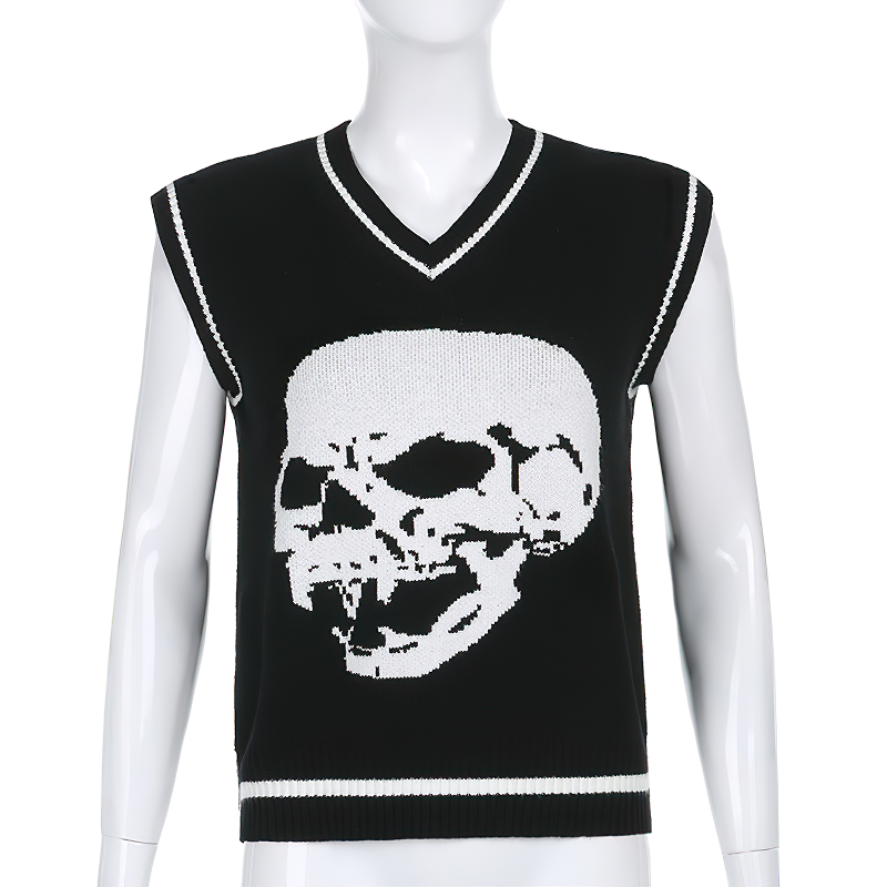 Stylish sleeveless skull print women's top with V-neck in black acrylic fabric.