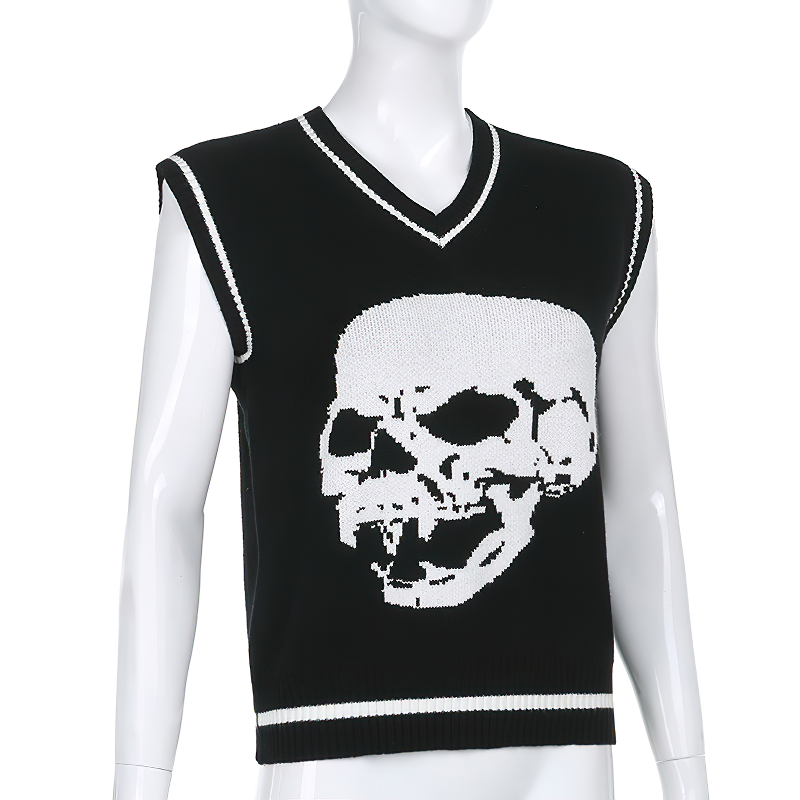 Stylish black sleeveless V-neck pullover top featuring a striking skull print for alternative women's fashion.