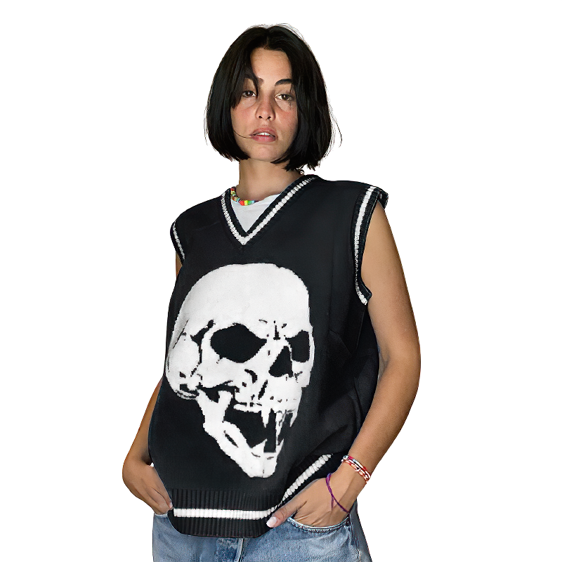 Stylish skull print sleeveless pullover top for women, perfect for summer fashion. Features V-neck design.