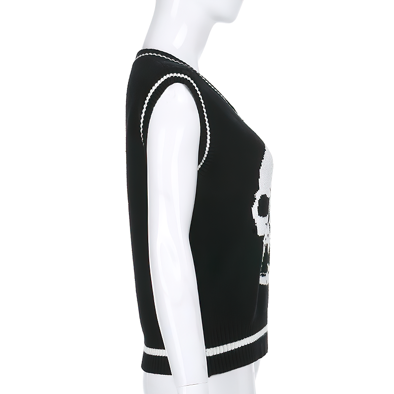 Side view of a sleeveless black skull print top for women, featuring a V-neck collar and stylish design.