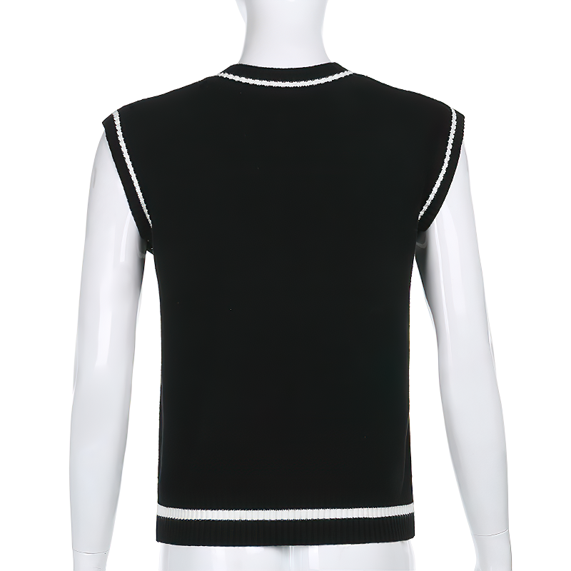 Back view of a stylish skull print women's sleeveless top in black, featuring a V-neck design and contrasting white trims.