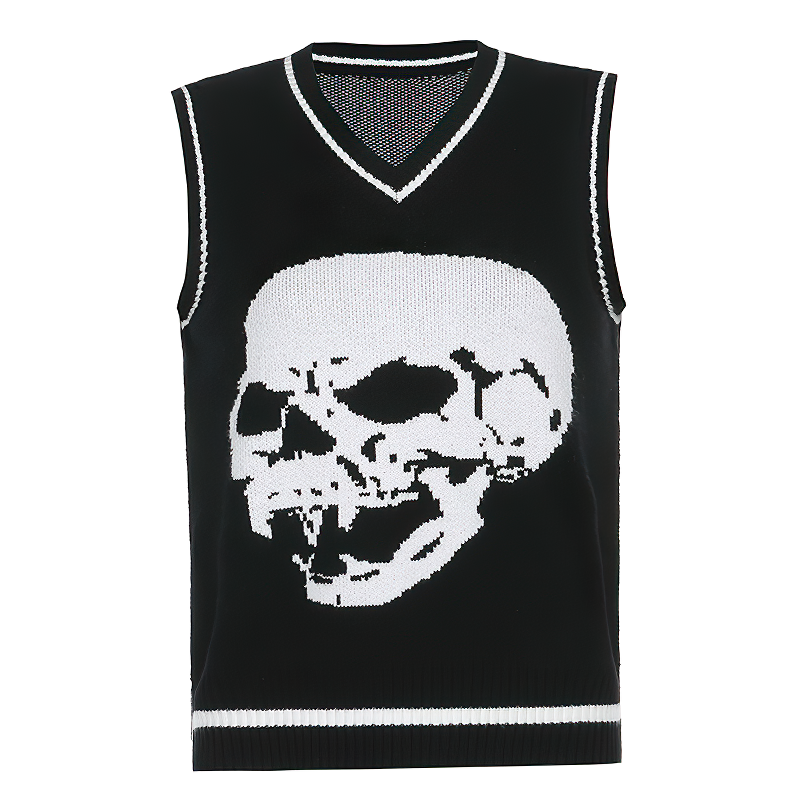 Stylish black sleeveless pullover featuring a striking white skull print and V-neck collar for alternative fashion.