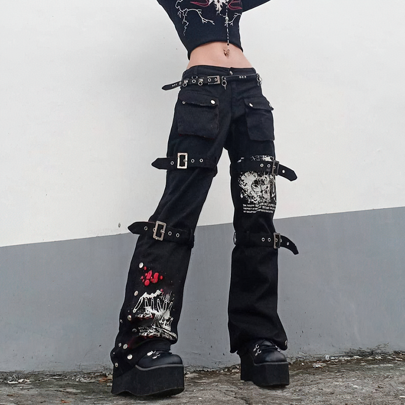 Gothic style women's black buckle pants with skull print and wide cut, perfect for trendy outfits.