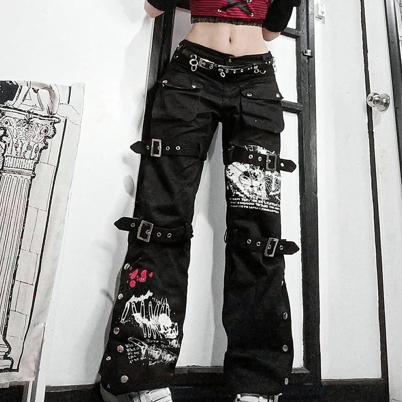 Gothic style women's black cargo pants with skull print and silver buckles, perfect for edgy outfits.