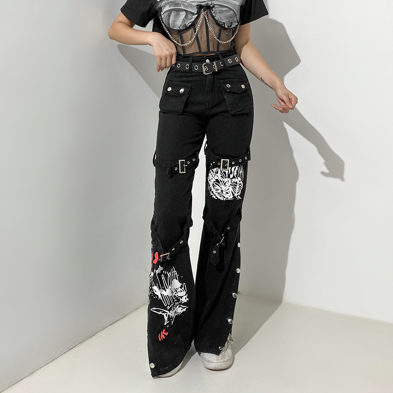 Skull Print Women's Black Buckle Pants / Gothic Style High Waist Trousers with Big Pockets - HARD'N'HEAVY