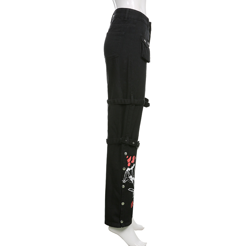 Gothic women's black buckle pants with skull print, high waist, and big pockets, perfect for trendy outfits.