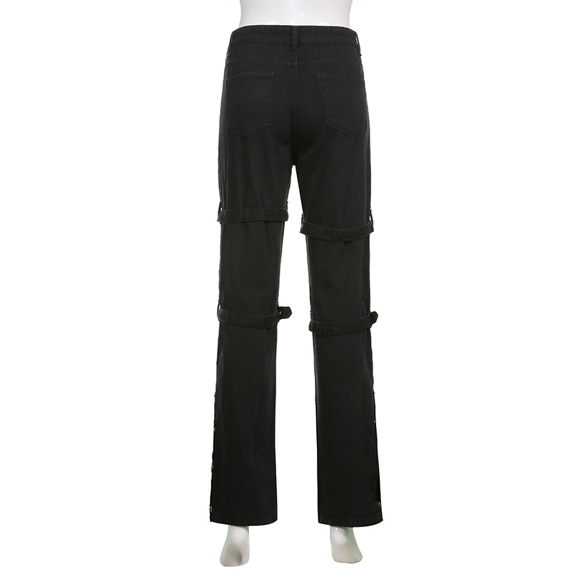 Back view of women's gothic style black buckle pants with big pockets and trendy high waist.